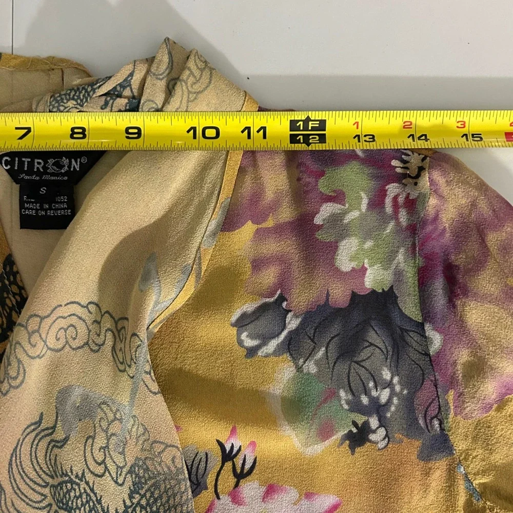 Citron Santa Monica 100% Silk Dragon Floral Open Front Kimono Cardigan Small